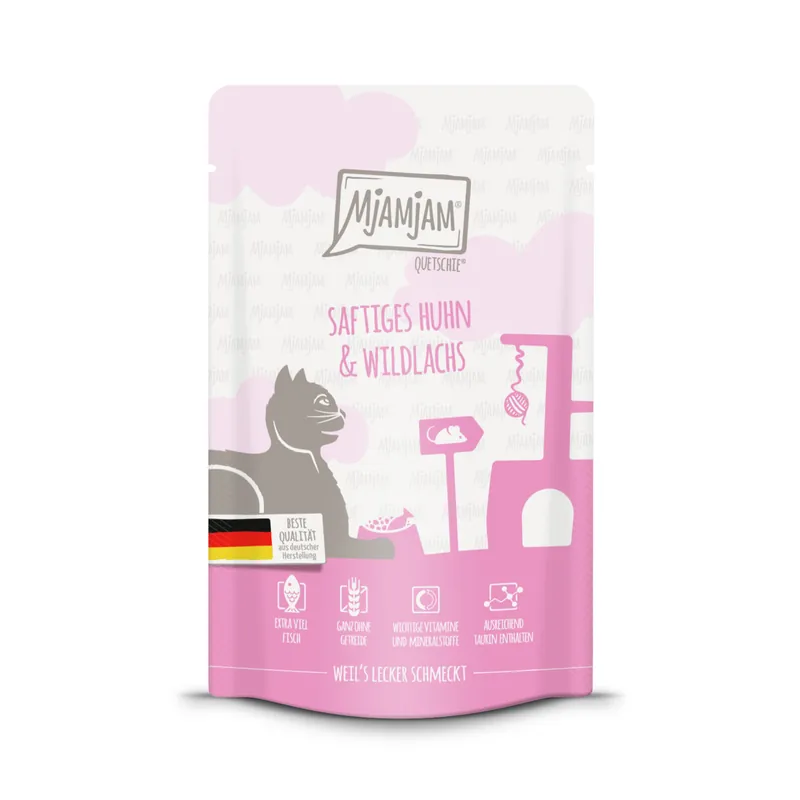 Sparpaket 12 x 125 g Mjamjam Quetschie Saftiges Huhn und Wildlachs Katzen Nassfutter Letzte Chance
